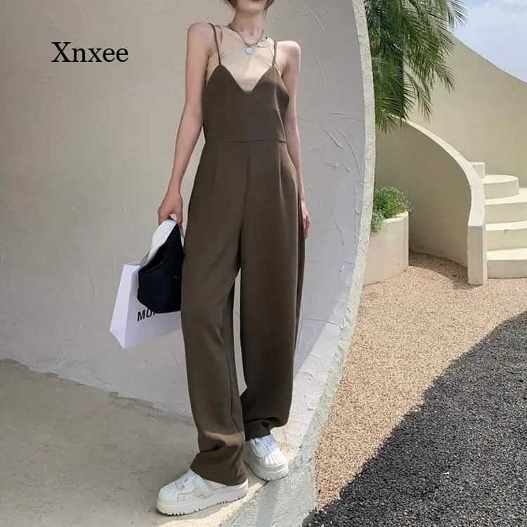 Summer Baggy Rompers Women Korean Solid Fashion Drape Jumpsuit One Piece Woman Loose Wide Leg Suspender Outfit Overalls Clothing