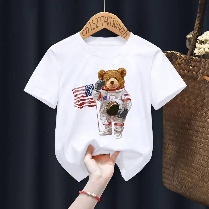 T-shirt blanc imprimé ours drôle pour garçon et fille, vêtements d\'été pour enfants, Harajuku, Kawaii, petit bébé, moto, drop sunshine, Y2K