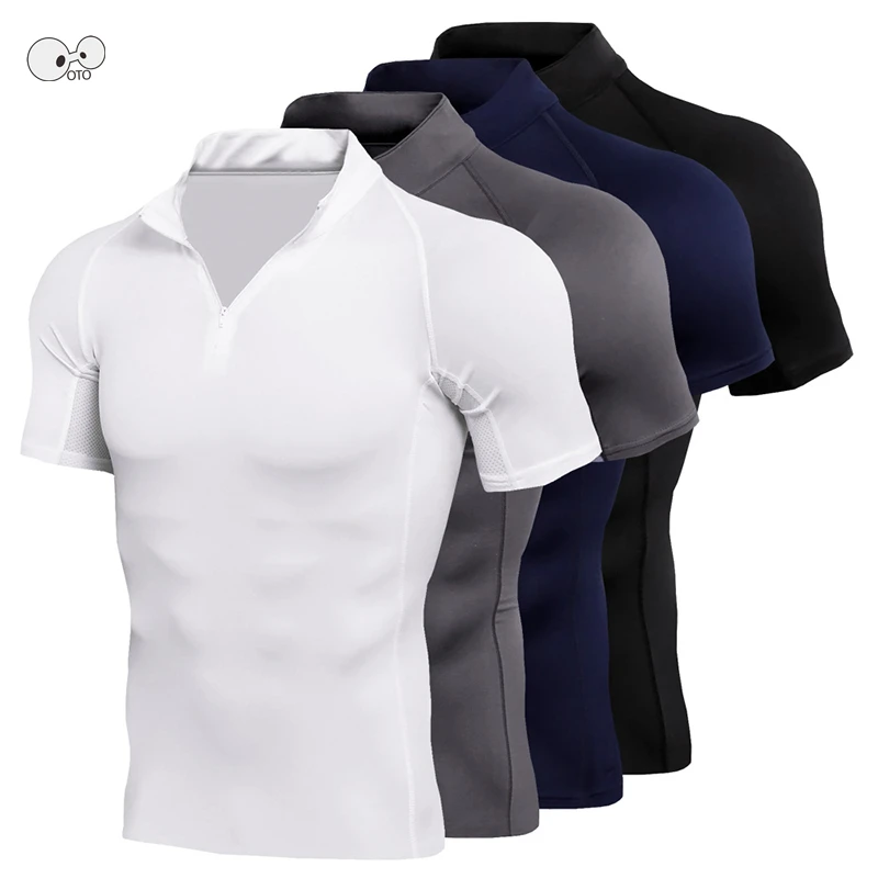 Camiseta de compresión de secado rápido con cuello levantado para hombre, ropa deportiva para correr, media cremallera, estiramiento, Crossfit, entrenamiento, gimnasio, Fitness