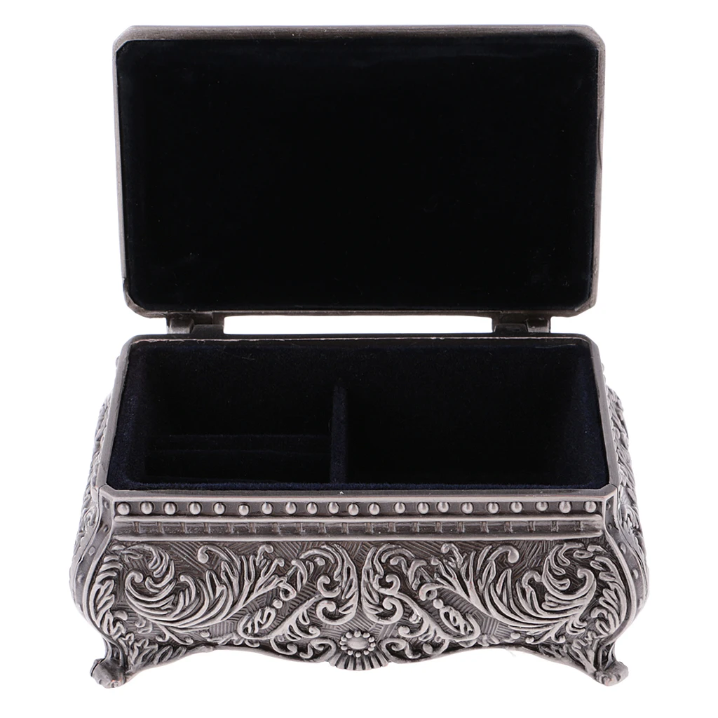 Antique Alloy Rectangle Jewelry Box Flower Sculpture Trinkets Chest Case with Black Velvet Interior Protection For Rings Pendant