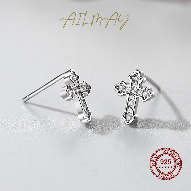 Ailmay Authentic 925 Sterling Silver Simple Shiny Zircon Mini Cute Cross Stud Earring for Women Fashion Ear Pin Fine Jewelry