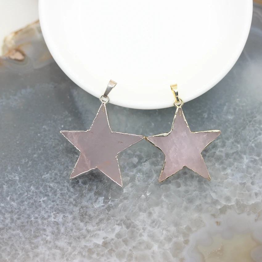 

5pcs,36-40mm Natural Rose Quartzs Star Pendants,Plated Gold/Silvers Edged Crystal Star Shaped Necklace Charms Jewelry Wholesales