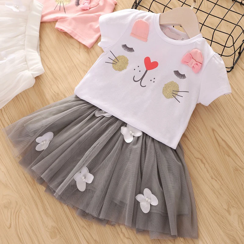 

2021 Summer Girls' Clothing Sets Elegant Bow Princess Girls Cartoon T-Shirt +Tulle Skirt 2PCS Kids Clothes Set Children Clothing