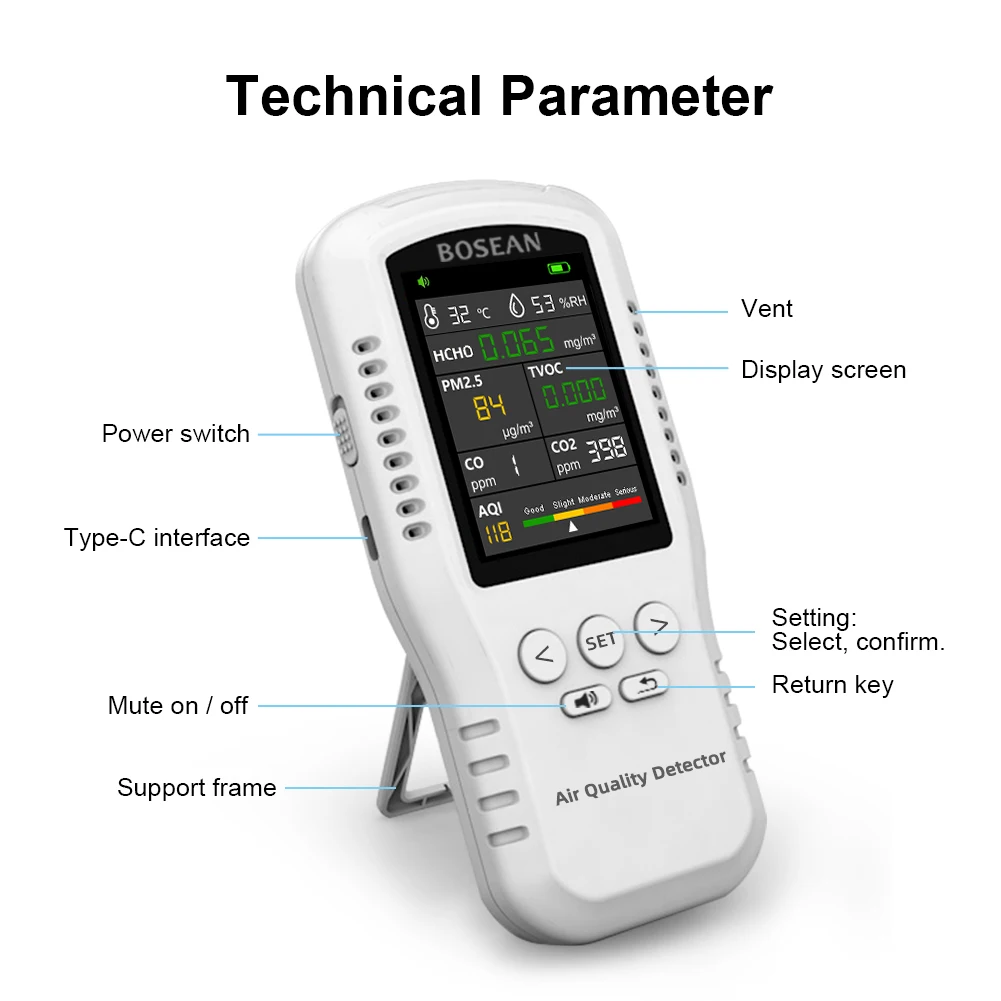 Bosean Monitor de calidad del aire CO2 CO PM2.5 HCHO TVOC Monitor de temperatura y humedad detector de calidad del aire para el hogar con sensores