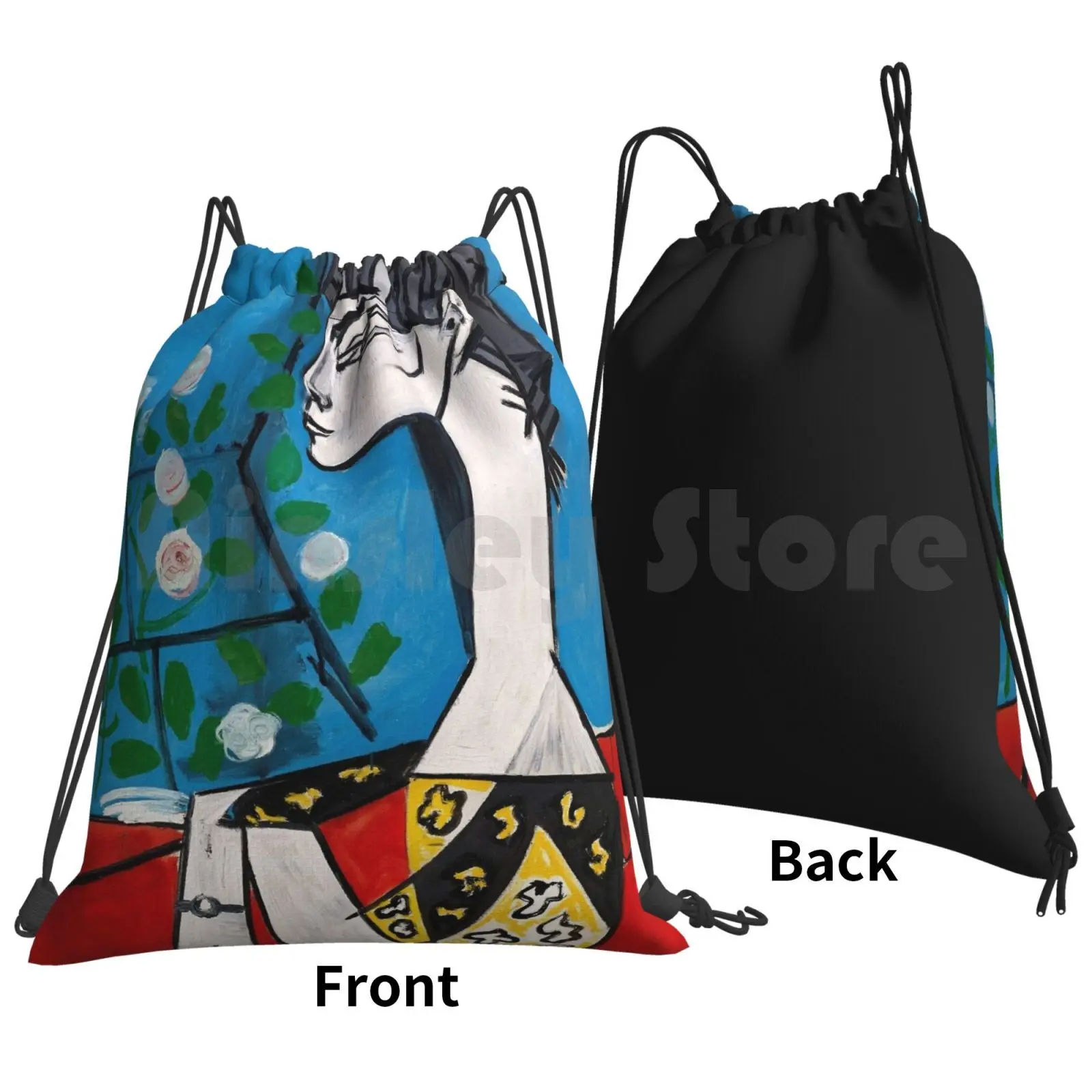 Pablo Picasso Portrait Jacqueline With Flowers Wall Art Red And Blue Backpack Drawstring Bags Gym Bag Waterproof Pablo