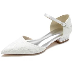 D'orsay Lace Lady Flats Pointed Toe Ankle Strap Kitten Heels for Wedding Mother of Bridal Comfort Dress Shoes Ivory White  Black