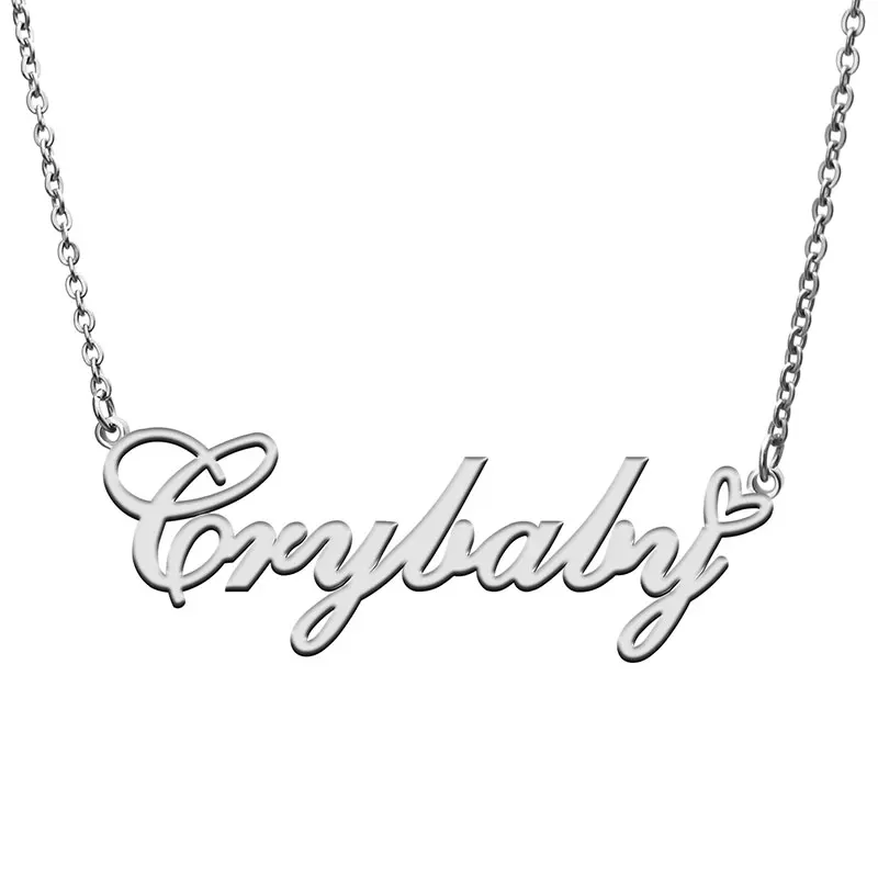 Crybaby Name with Love Heart Necklace for Women Stainless Steel Jewelry Nameplate Pendant Femme Mother Child Girls Gift