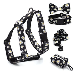 Personalized Harness for Dogs Little Daisy Pattern Dog Collar with Name Engraved Black Metal Buckle Dog Harness Collar Leash Set