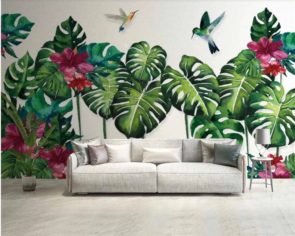 Customized leaf wallpaper Nordic simple banana leaf Green leaves watercolor Bedroom background decoration wallpaper