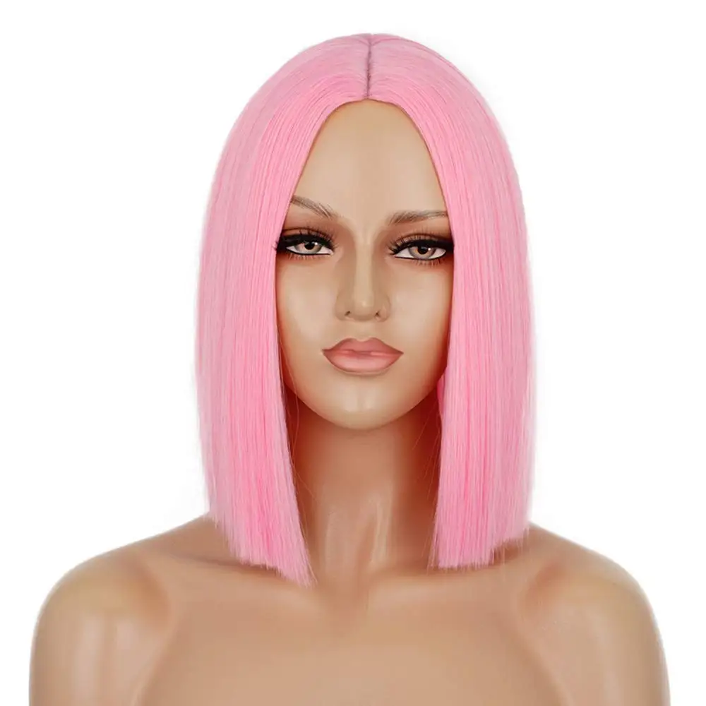 Peluca Bob corta sintética de Pelo Liso para mujer, peluca colorida de Cosplay con rayita media, resistente al calor, negro, azul y rosa