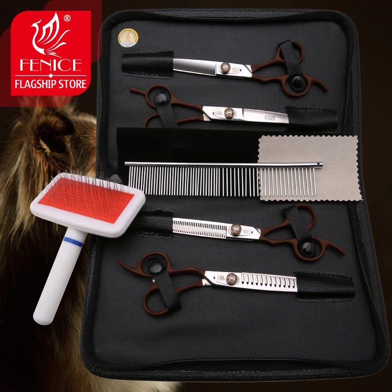 Fenice 7.0 inch left hand pet dog grooming thinning cutting curved scissors set grooming shears set for dogs scissors kit