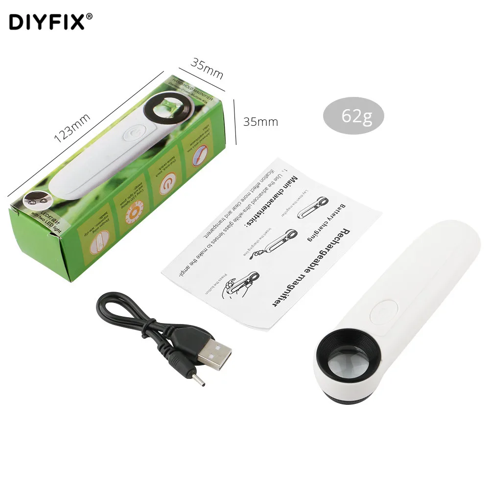 DIYFIX 40X Ottico Lente di Ingrandimento con 2 LED Luce lente di Ingrandimento Palmare Lente di Ingrandimento Loupe di Vetro di Lettura Impugnatura Ergonomica (Batterie non incluse)