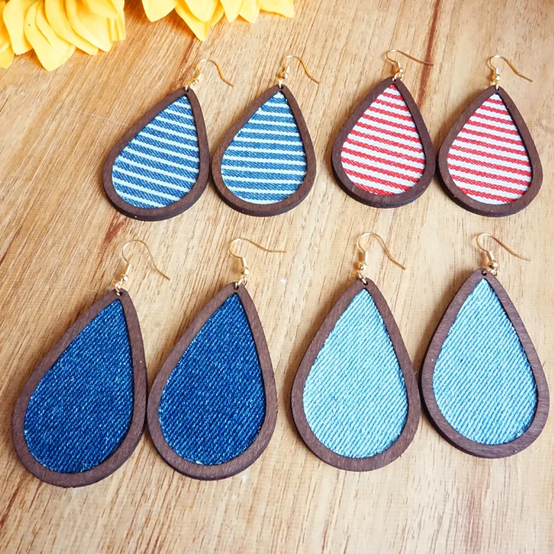 Wooden Frame Denim Stripe Earrings for Women 2021 New Stylish Cloth Fastened Natural Wood Earrings Western Style