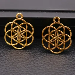 15pcs Antique Gold Color Hollow Flower of Life Pendant DIY Retro Earring Necklace Jewelry Handicraft Making 26 * 20mm P34