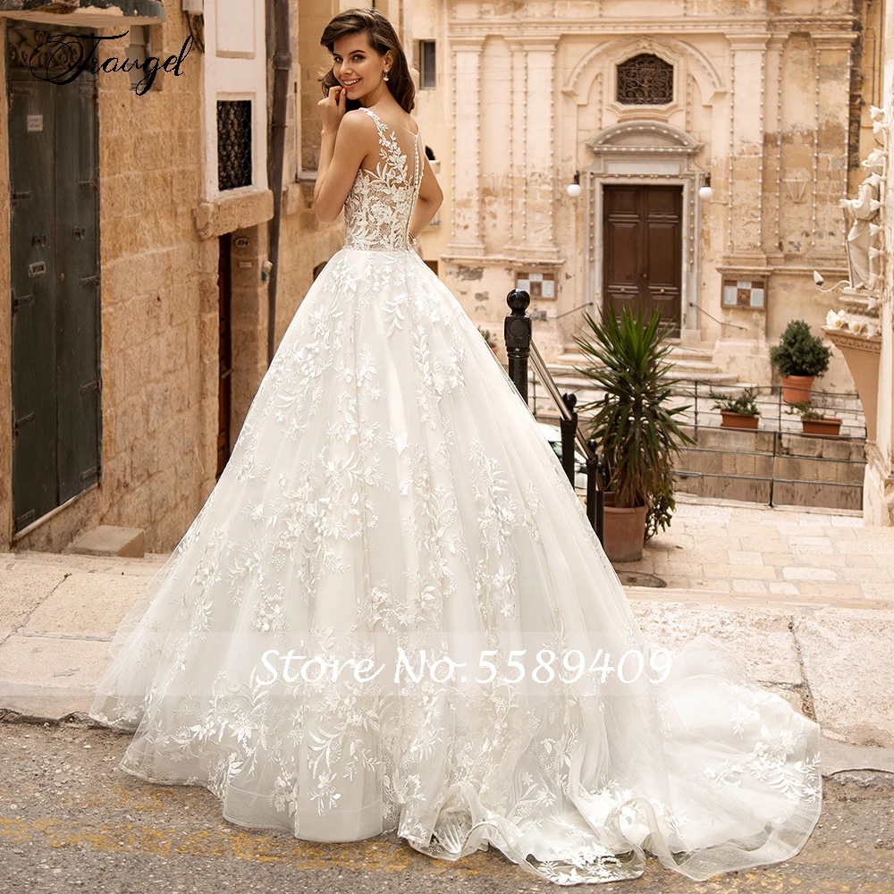 Traugel Scoop A Line Lace Wedding Dresses Delicate Appliques Cap Sleeve Button Bride Dresses Court Train Bridal Gown