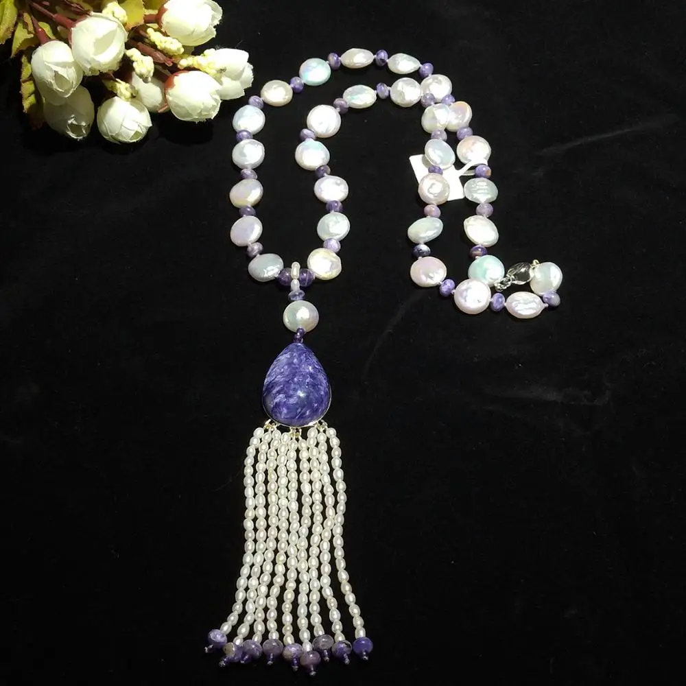 Lii Ji Real 925 Sterling Silver Pearl Tassels Necklace Charoite Pendant Necklace 59cm/24inches  Women Jewelry