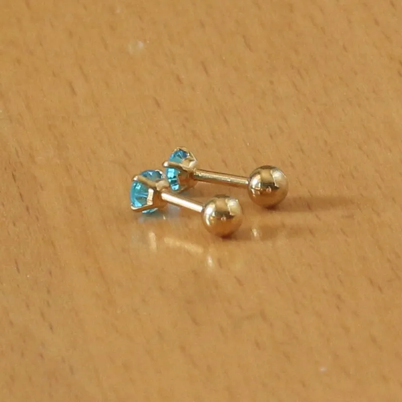 Titanium Gold-color Plated Screw Stud Earrings With Mini 4mm Ocean Blue AAA Zircon 316L Stainless Steel No Fade Allergy