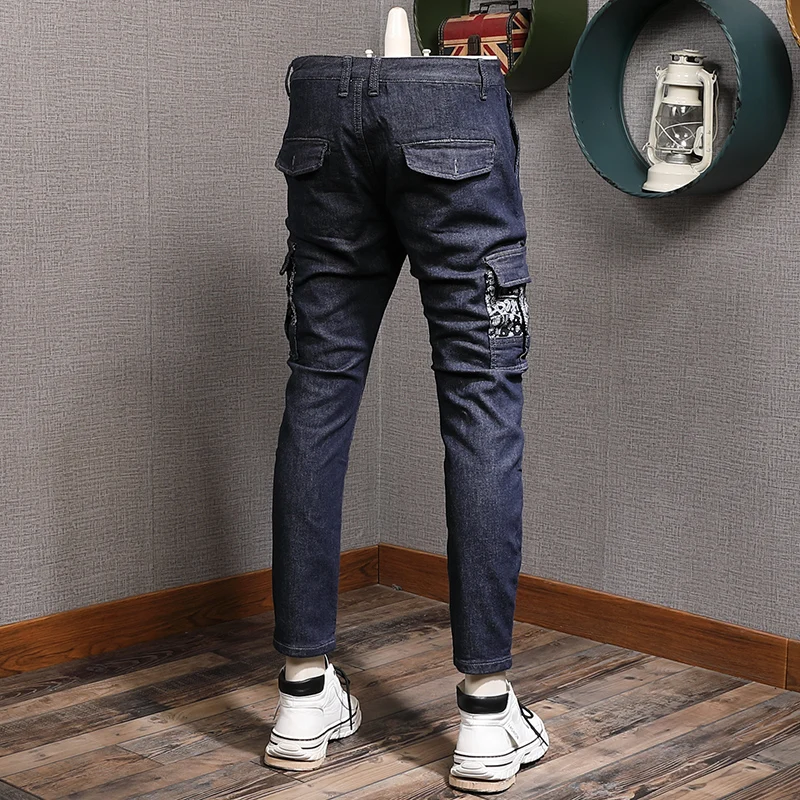 Summer Dark Blue Cargo Jeans Men Fashion Pockets Patchwork Slim Fit Ankle-Length Pants Streetwear Denim Trousers