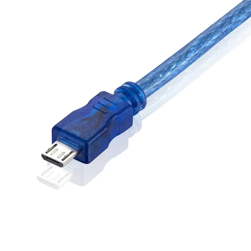 Micro USB 2.0 USB-A to Micro-B แบบ Dual ถักฟอยล์โปร่งใสสีฟ้า 0.3m 0.5m 1.0m 1.5m 3m 5m