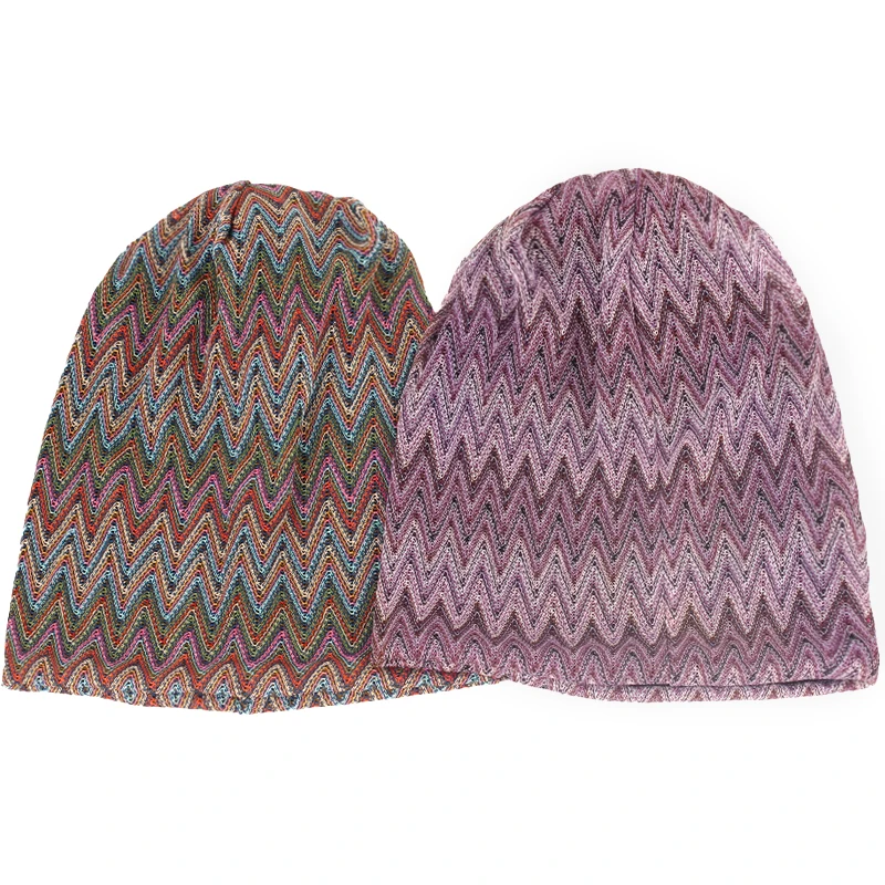 Geebro Women\'s Bohemia Wave Striped Beanie Hat Spring summer Multicolour Slouchy Hat for Ladies Knitted Bone hat Skullies Cap