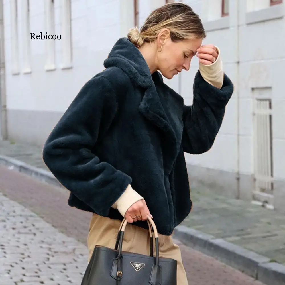 Ladies Casual Teddy Coat Winter Fleece Warm Thick Faux Fur Jacket Coat Women Pockets Plush Overcoat Outwear s