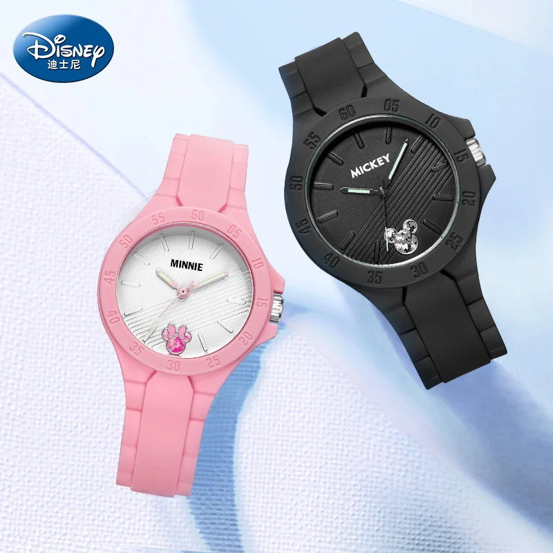 Disney-Relojes de pulsera de cuarzo con dibujos animados para niños y niñas, cronógrafo informal de silicona, luminoso, japonés, Mickey Mouse, Minnie, regalo