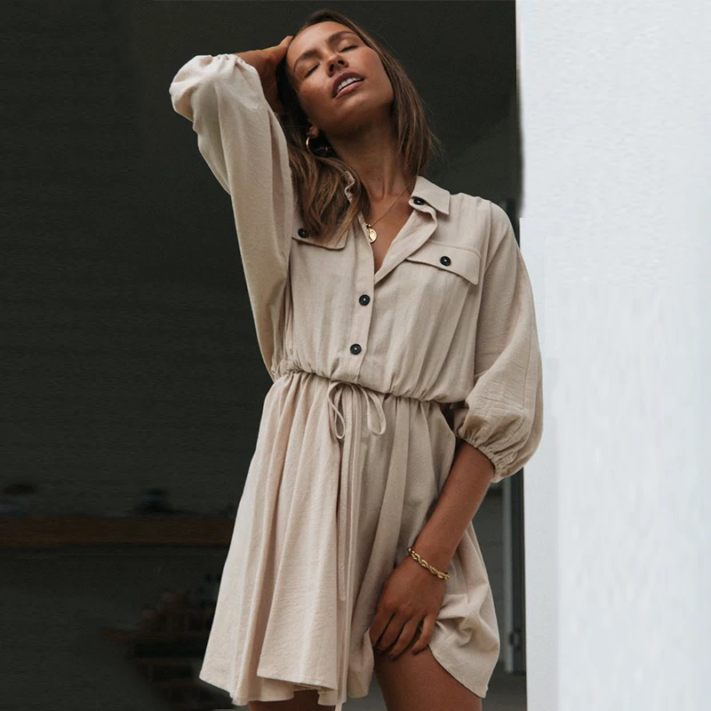 

Ardm Casual Solid Loose V Neck With Button One Piece Sleeve Dresses For Women 2021 Lantern Sleeve Drawstring Female Mini Dress