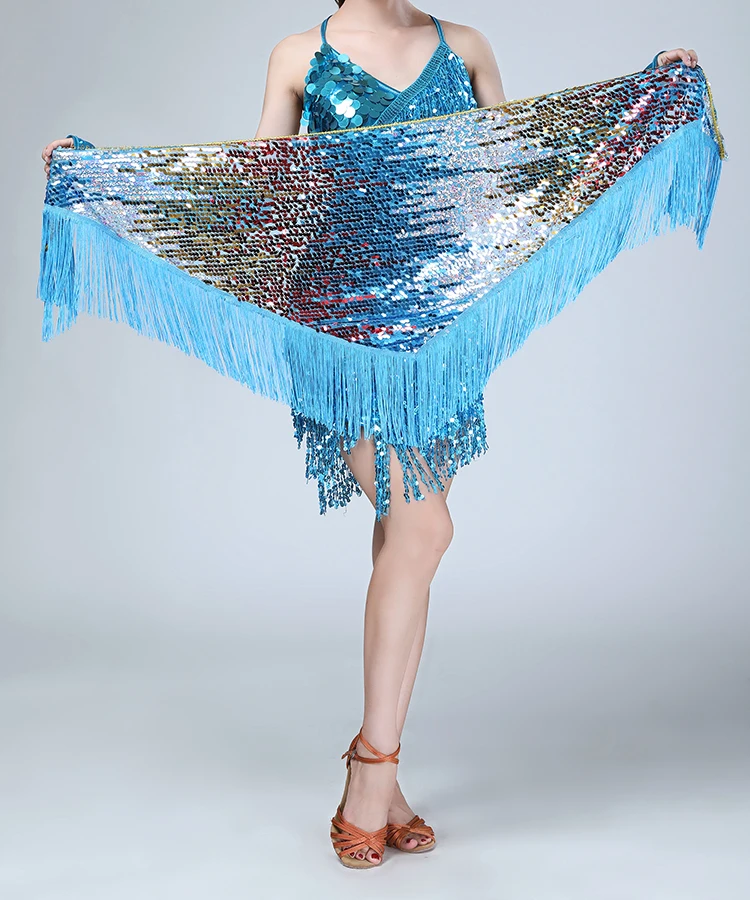 7 colori Accessori per abiti di danza del ventre Cinture lunghe a triangolo con nappa Cintura per fianchi con paillettes per danza del ventre per le donne