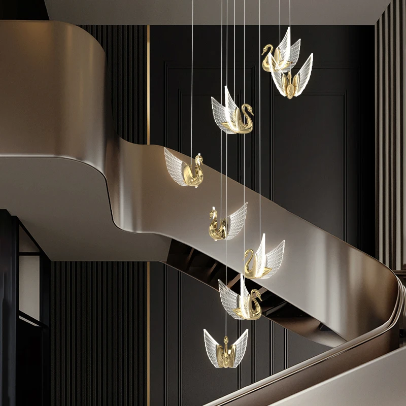 

Modern Light Luxury Swan Pendant Lamp Bedroom Bed Duplex Staircase Revolving Lamp Dining Hall Corridor Porch Bar Pendant Light