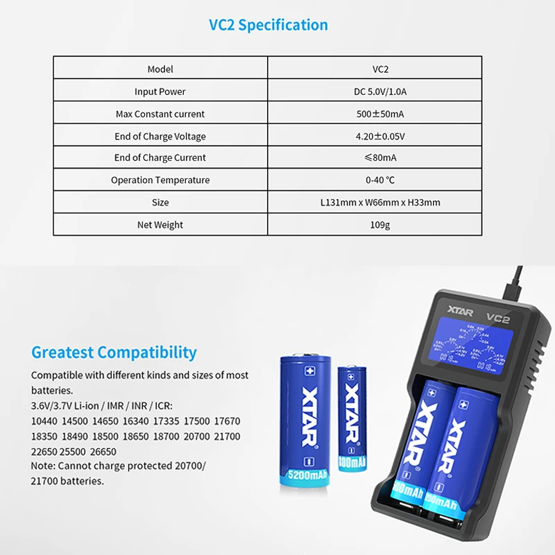 XTAR – chargeur de batterie VC2 18650, affichage de la capacité, USB, pour Batteries Li-Ion 10400 – 26650, 21700 18650