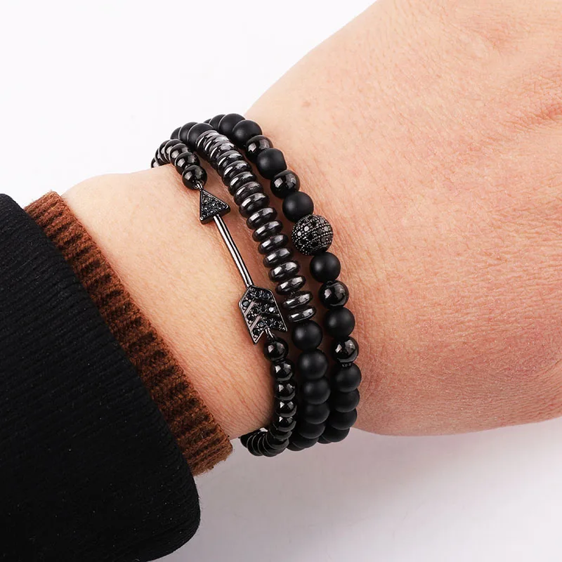New Fashion Natural Stone Matte Onyx CZ Pave Arrow Ball Charm Beads Elastic Bracelet Set For Men