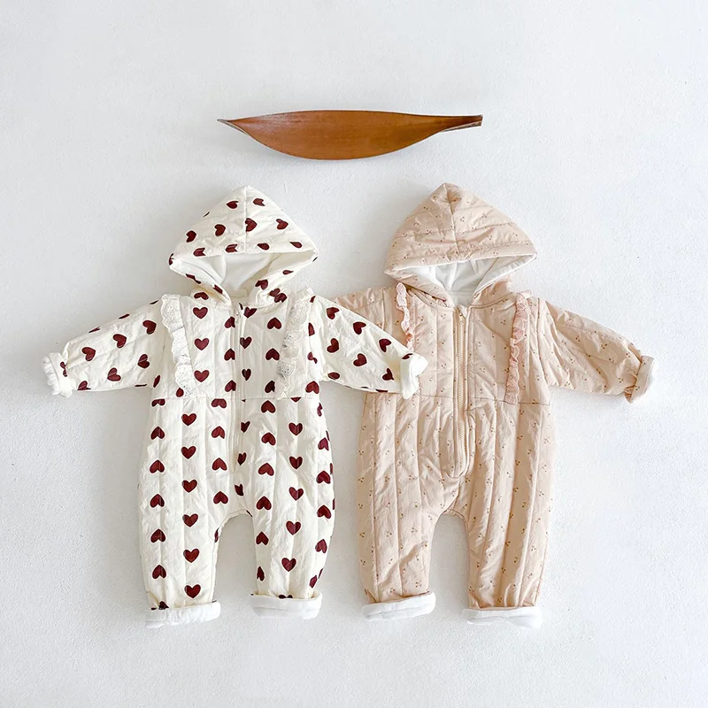 MILANCEL Winter Baby Rompers Fur Lining Boys Jumpsuits Heart Print Hooded Suits