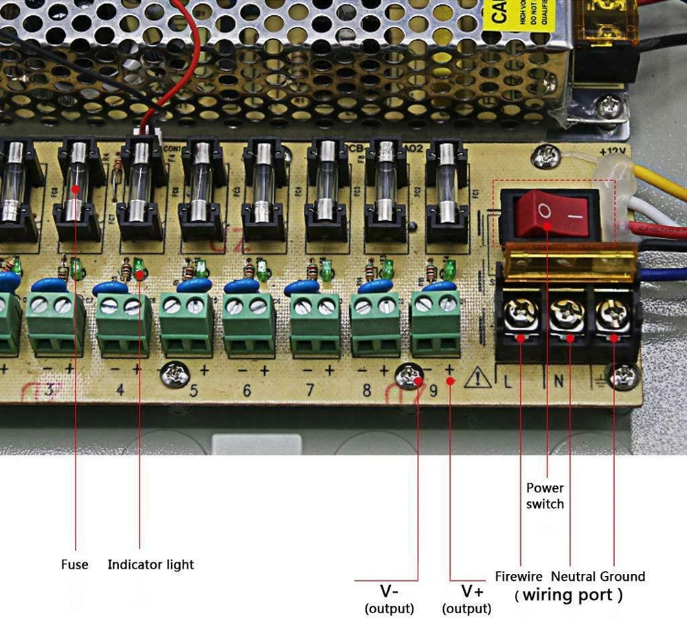 9 Channel 12V 10A CCTV Camera DC Power Supply 120W Fanless