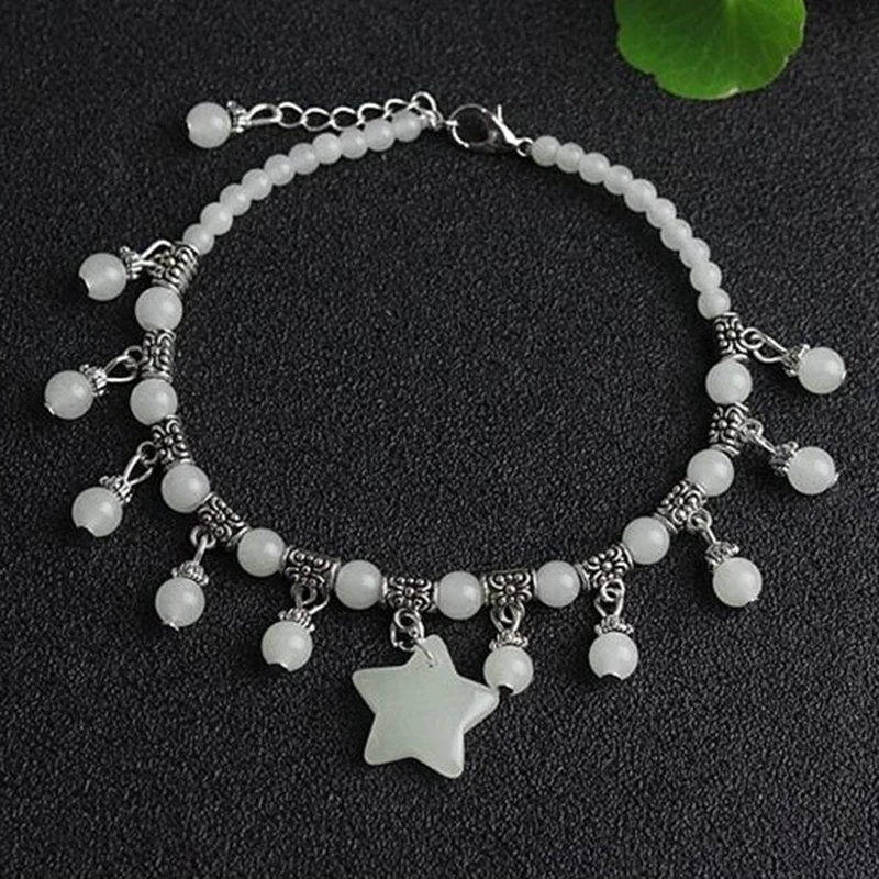 New Fashion Luminous Stones Bead Star Pendant Anklet For Women Bohemia Beach Tassel Handcrafted Ankle Chain Boho Jewelry