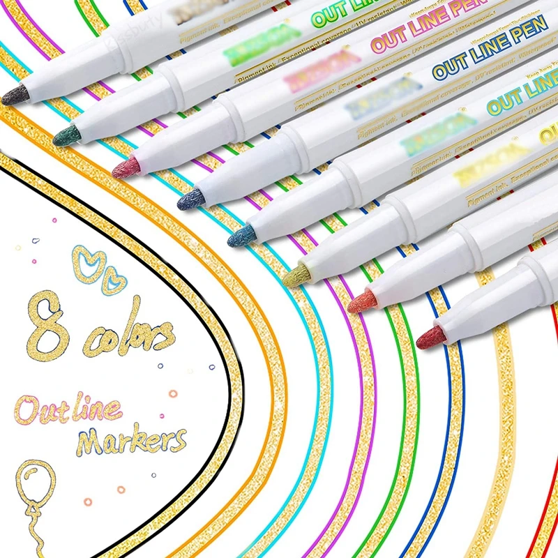 Metallic Markers Outline Pens, 8 Colors Double out Line Paint Pen Permanent Marker Pens for Christmas Card, Rock, Ceramic