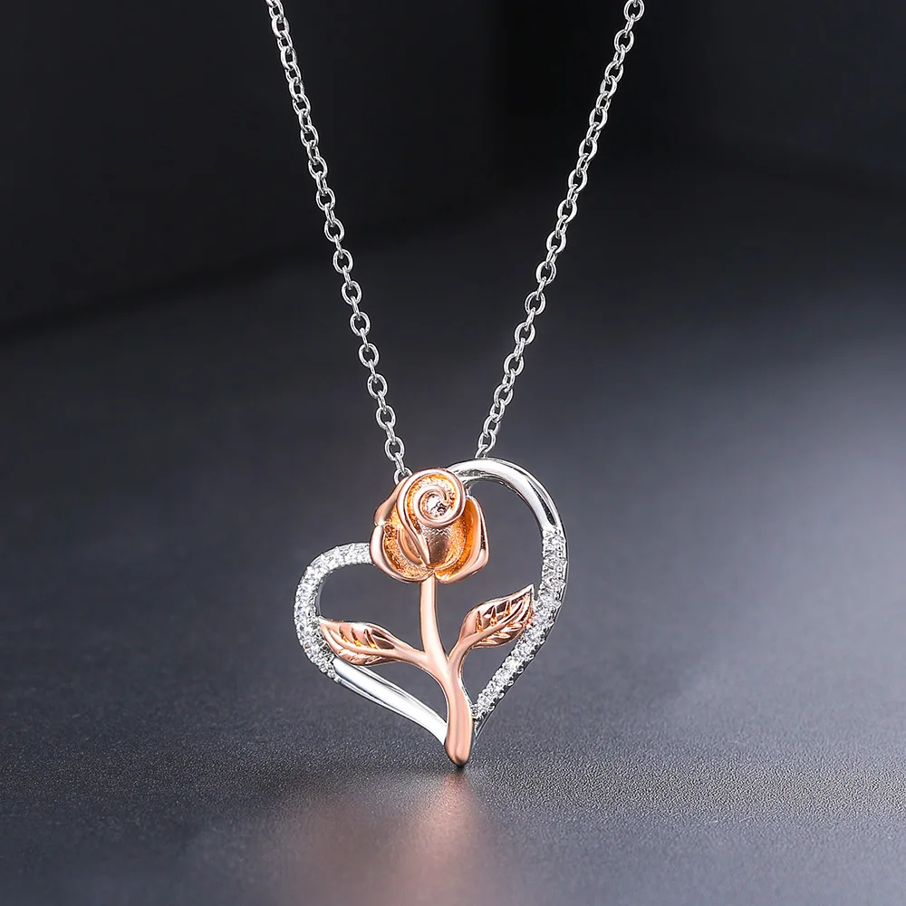 Rose Flower Pendant Heart Necklaces For Women Two-tone Zircon Aesthetic Jewelry Gift for Mom Girls Wholesale N172