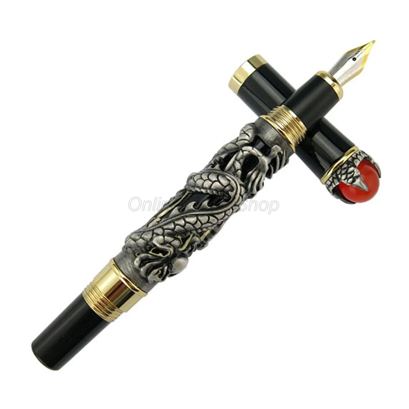 

Jinhao Exquisite Dragon King 18KGP M Nib Fountain Pen, Metal Embossing Red Jewelry on Top, Grey Drawing For Writing Gift Pen