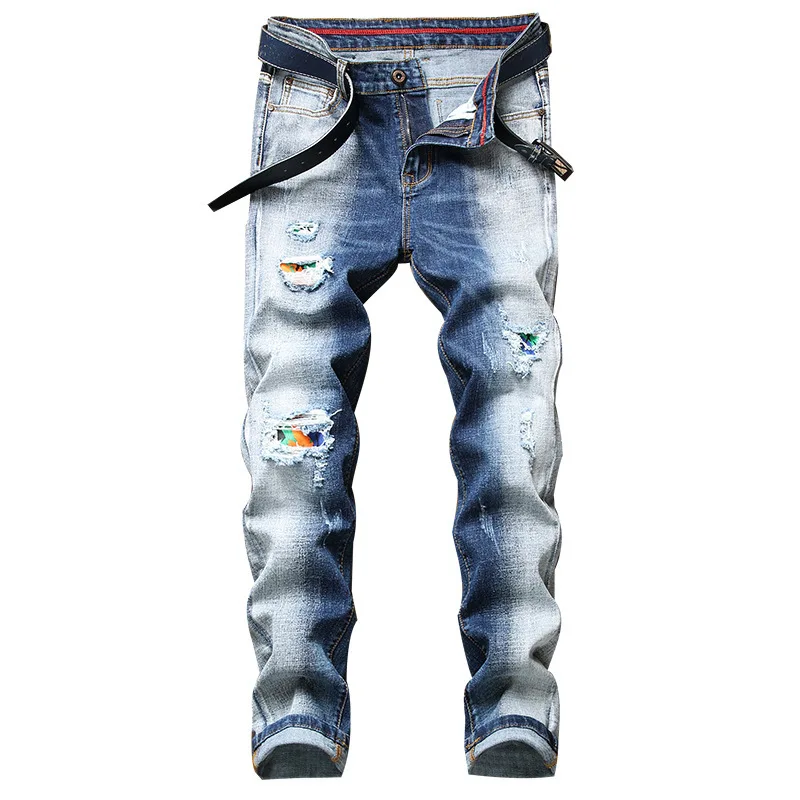 

High Quality Fashion Streetwear New Men's Jeans Blue Color Skinny Straight Ripped Trousers Punk Homme Hip Hop Male Denim Pants