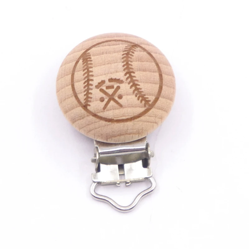 5pcs/Lot 30mm Printed Football Beech Wooden Clips Baby Pacifier Clip Holder Lnfant Soother Clasps Natural Wood Baby Accessories