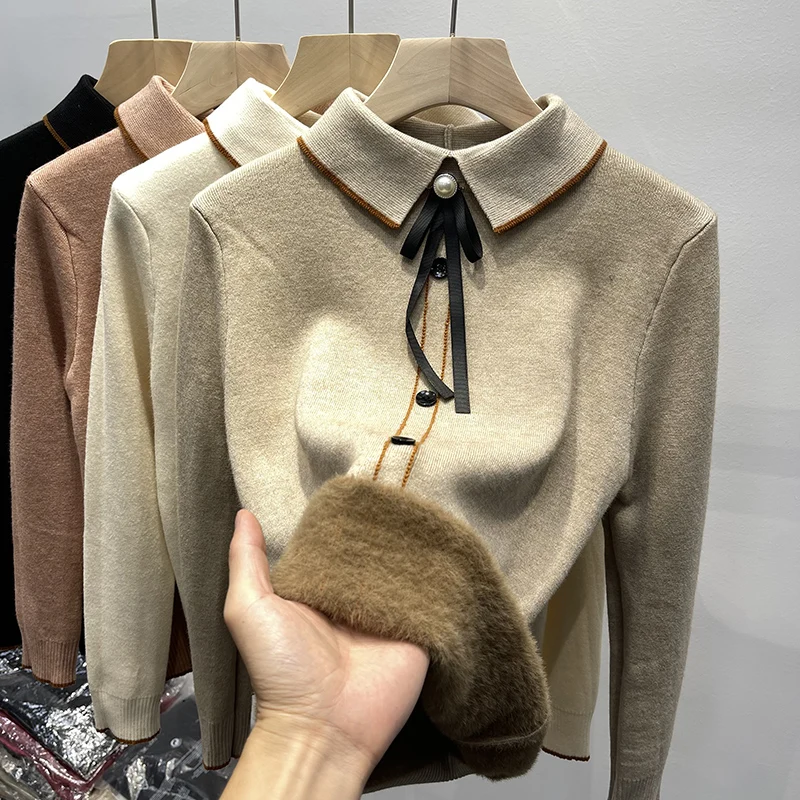 Autumn Winter Women Sweater Pullover 2022 New Fashion Lapel Bowknot Velvet Warm Long Sleeve Knitted Sweater Jumper Female Tops