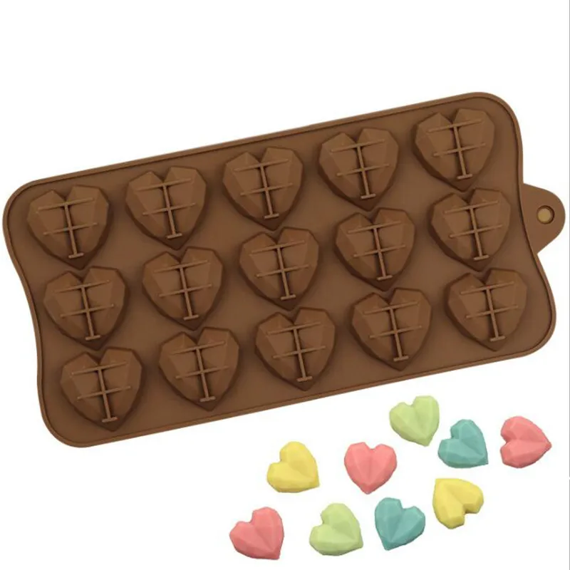 15 Cavity Diamond Chocolate Molds Love Heart Shape Silicone Wedding Candy Baking Molds Cupcake Decorations Cake Mold 3D