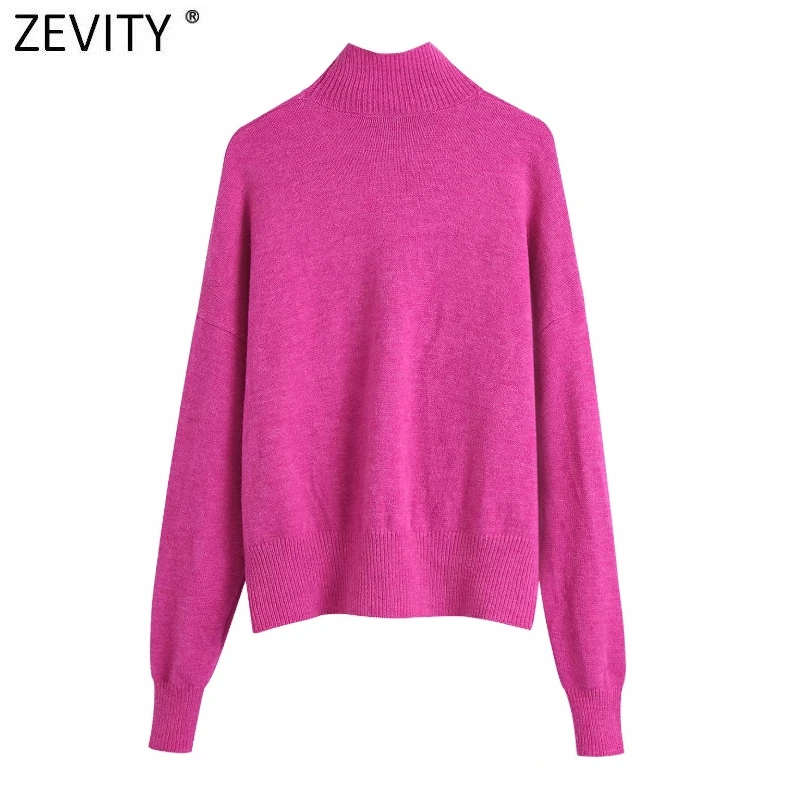 Zevity Women Fashion Mock Neck Solid Candy Color Casual Knitting Sweater Female Chic Basic Long Sleeve Pullover Brand Tops SW937