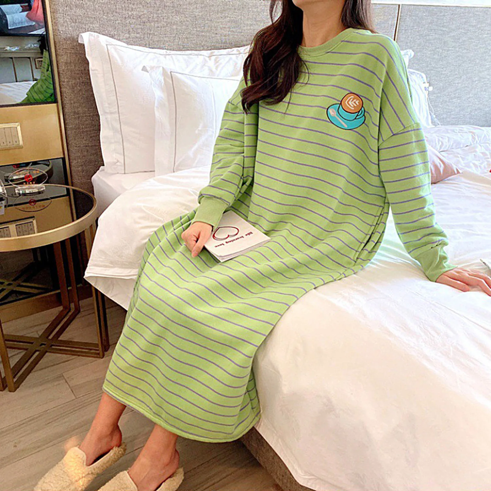 Cute Cartoon Pattern Night Dress Women Sleepwear Homewear Long Sleeve Sleep Tops O Neck Knee Length Nightgown Femme Night Dress