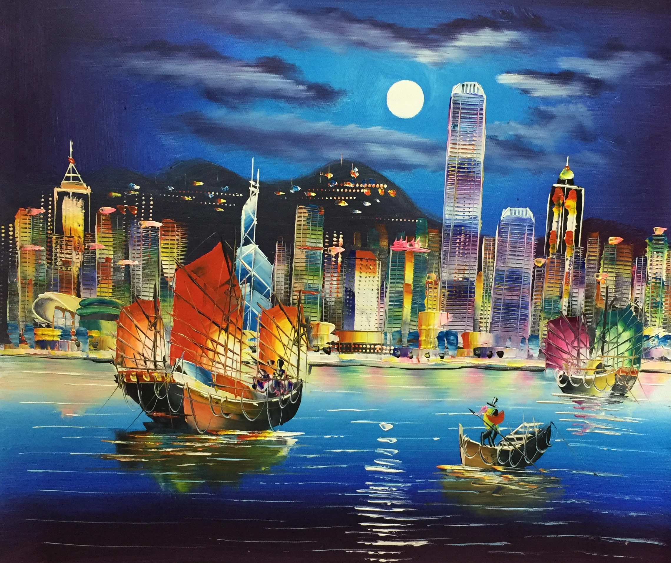 

Ultra Low Price Sale 100% Hand Painted Oil Painting on Canvas HK Victoria Harbor Canvas Painting Wall Art Picture for Home decor