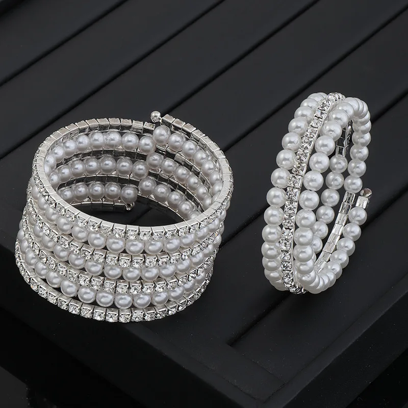 Luxury Crystal Rhinestone Stretch Bracelets For Women Pearl Elastic Wristband Girlsfriend Bangles Wedding Bridal Jewelry Gifts