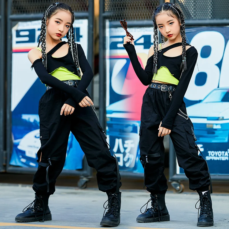 

Kids Hip Hop Dancewear Girls Off-Shoulder Tops Cargo Pants Kpop Outfit Jazz Dance Costume Children Festival Clothing DL8664