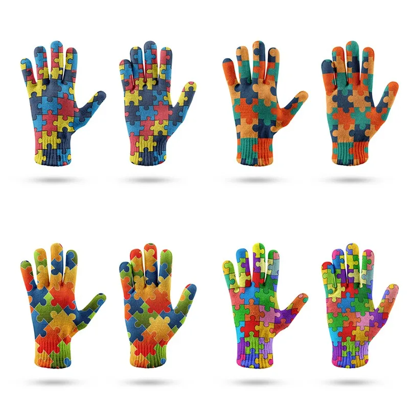 3D Druck Mode Cartoon Puzzle Muster Handschuhe Herbst Winter Gestrickte Stretch Handschuhe Volle Finger Outdoor Skifahren Handschuhe