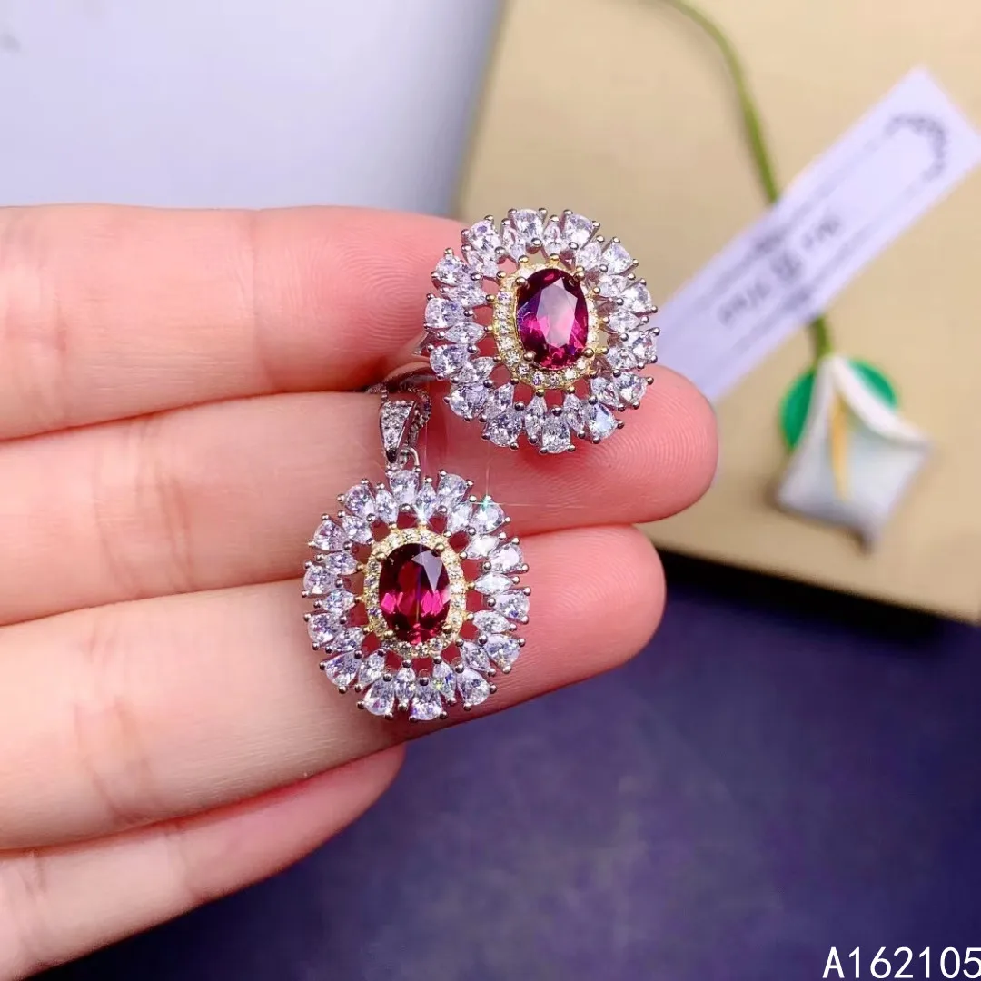 

Fine jewelry 925 pure silver Chinese style natural pyrope garnet women's luxury popular flower gem pendant adjustable ring set s