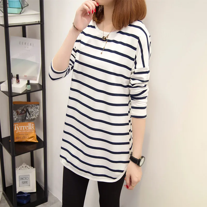 Spring-autumn Pop women's mid-length Bottoming Shirt Striped Round Neck long-sleeved Loose Large Size Compassionate Hip t-shirt