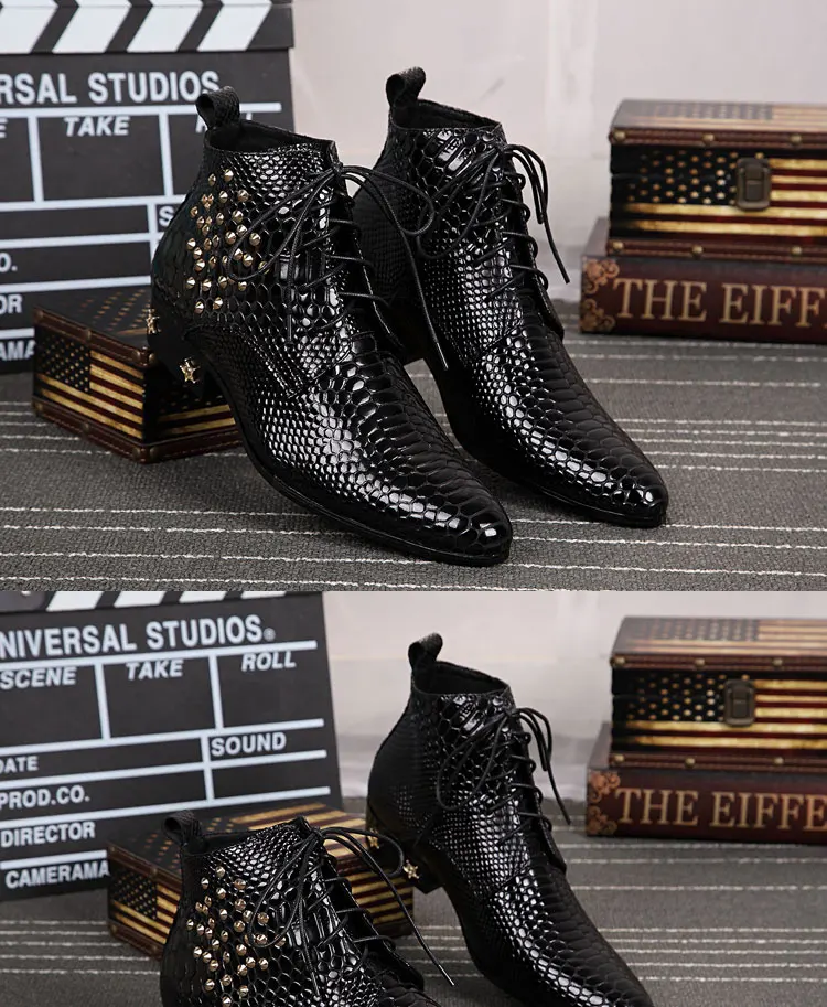 Herren-Chelsea-Stiefel aus echtem, glänzendem Leder, spitzer Zehenbereich, mit Nieten verziert, Schnürstiefel, luxuriöse Mode für Herbst, Bankette und Partys – Detail 2